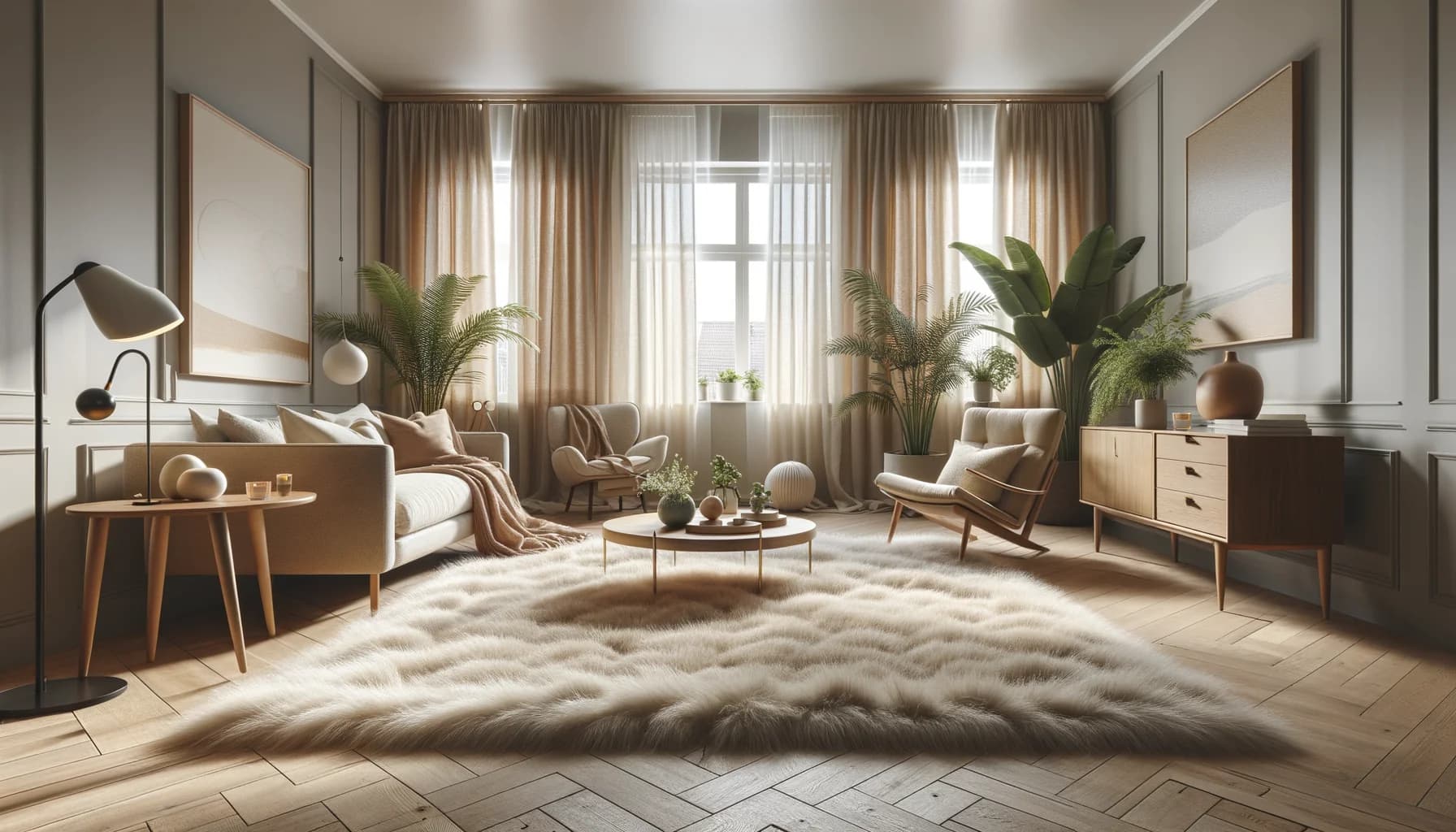 Lyxig krämvit ryamatta i ett ljust skandinaviskt vardagsrum med naturligt ljus och mid-century möbler