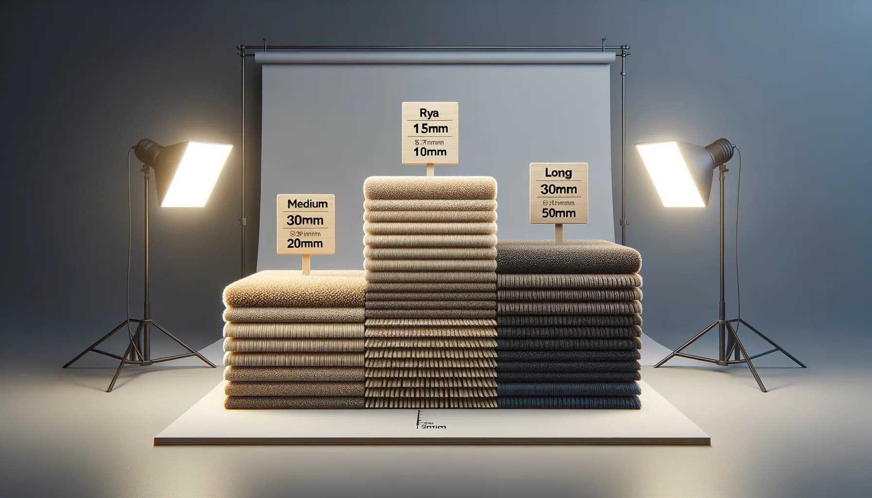 Jämförelse av tre ryamattor med olika lugghöjd – kort, medel och lång lugg sida vid sida