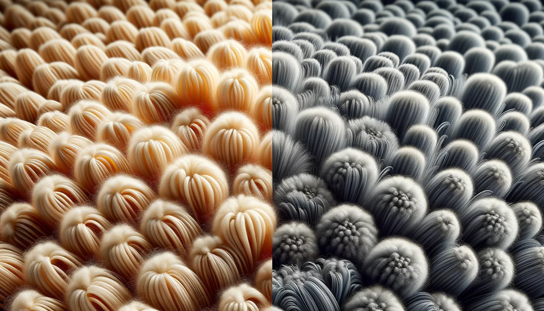 Närbild som jämför ullfiber och polyesterfiber i ryamattor – skillnaden i textur och utseende