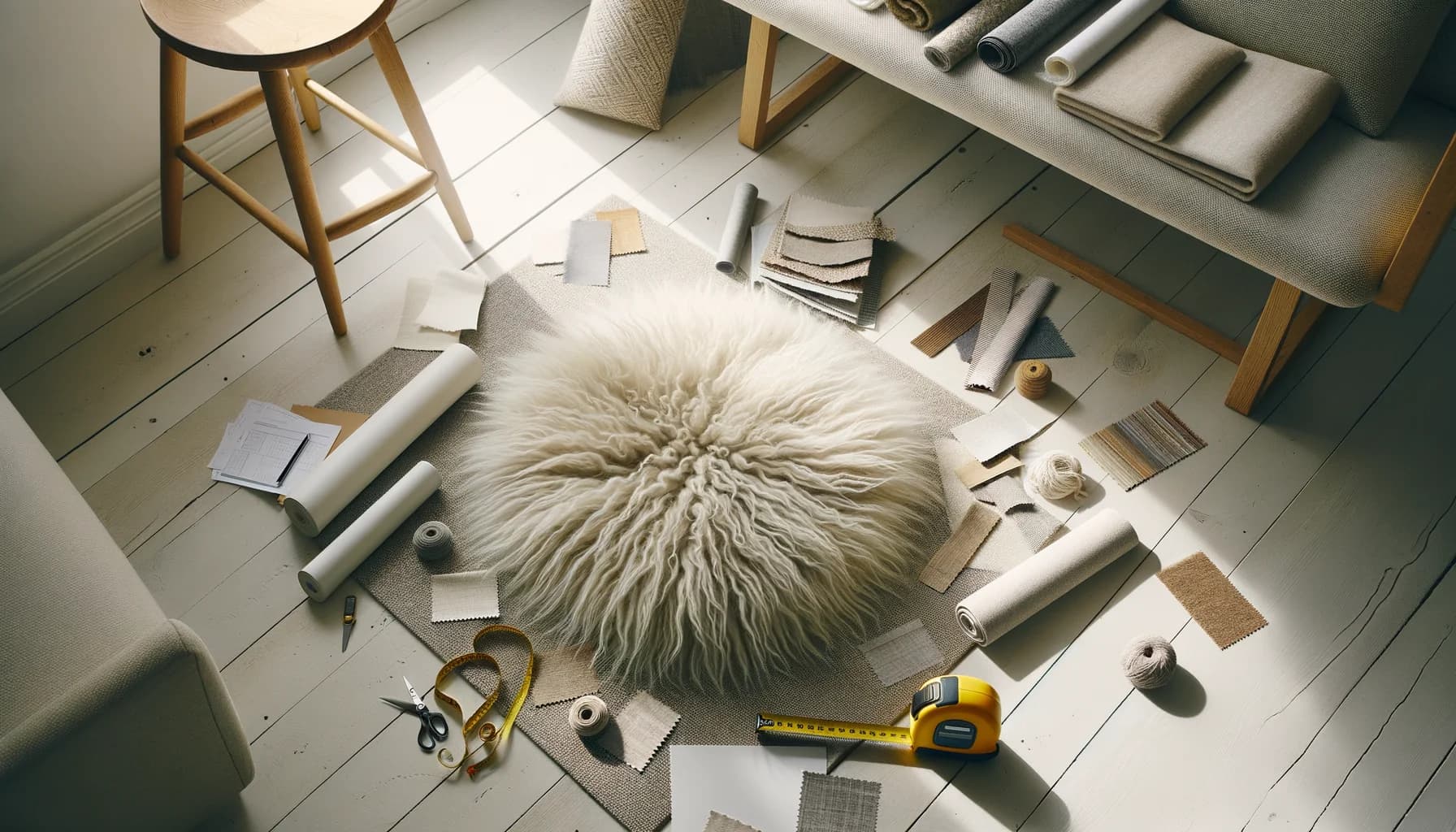 Måttband och materialprover bredvid en ryamatta på ljust ekgolv – guide för att välja rätt storlek